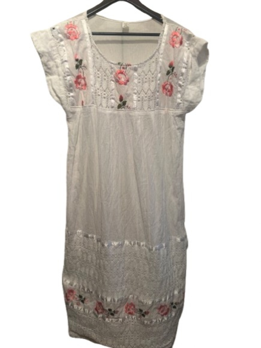 Hand made white Mexican cotton dress with embroidery and crochet details